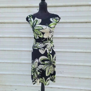 Intermission Womens Black Dress Green Floral Cap Sleeve Boat Neck A-Line Size 4